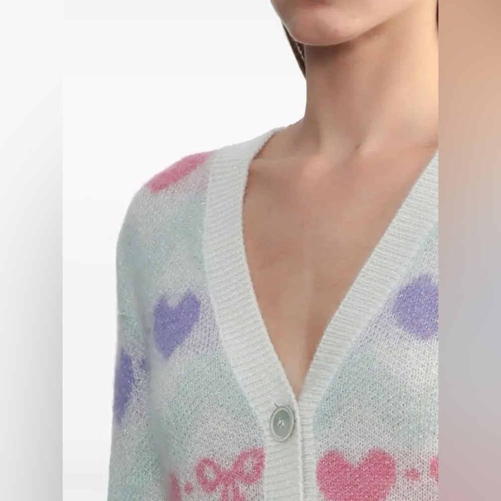 ALESSANDRA RICH Pastel Heart Bow Patterned Intarsia-Knit Cardigan Size 46 NWT - Picture 5 of 8